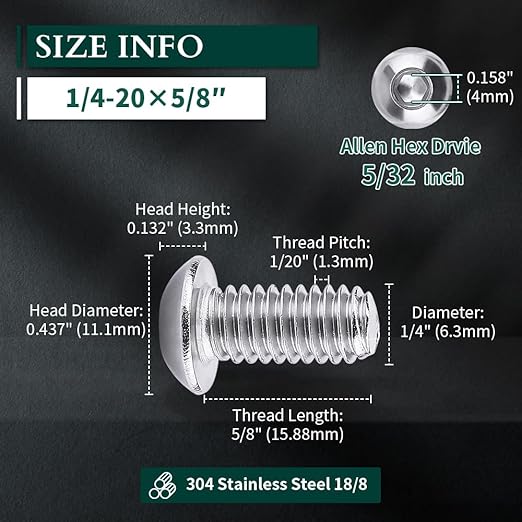 1/4-20 x 5/8" Button Head Socket Cap Bolts Screws, 304 Stainless Steel 18-8, Allen Hex Drive, Bright Finish, Fully Machine Thread, Pack of 25