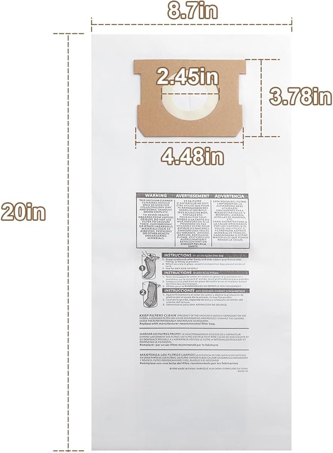 Dust Collection Filter Bags 9193200 for Shop Vac Vacuum cleaner,91932 Disposable Filter Bags for Shop Vac 5 Gallon Wall Mount Vacuums(6-pack)