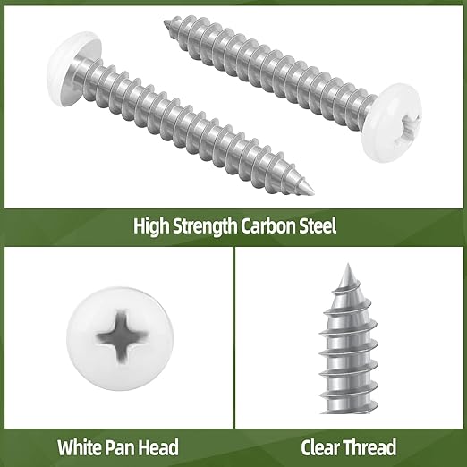 100 PCS #4 x 1-1/4" White Head Sheet Metal Screws, Pan Head Phillips Fast Self Tapping Screws, Round Head Wood Screws, Screwdriver Bit Included