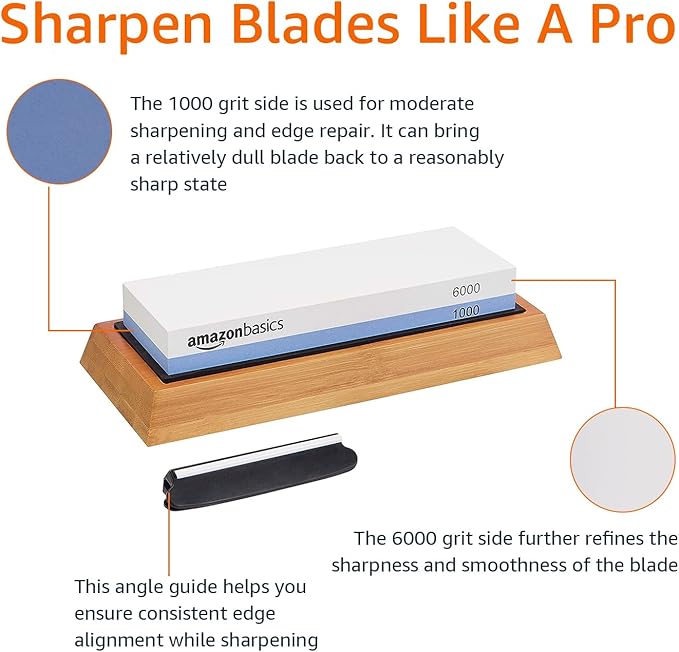 Amazon Basics Whetstone Knife Sharpening Wet Stone Dual Sided 1000/6000 Grit with Non-Slip 1 Pc, Bamboo Base, Black & Grey