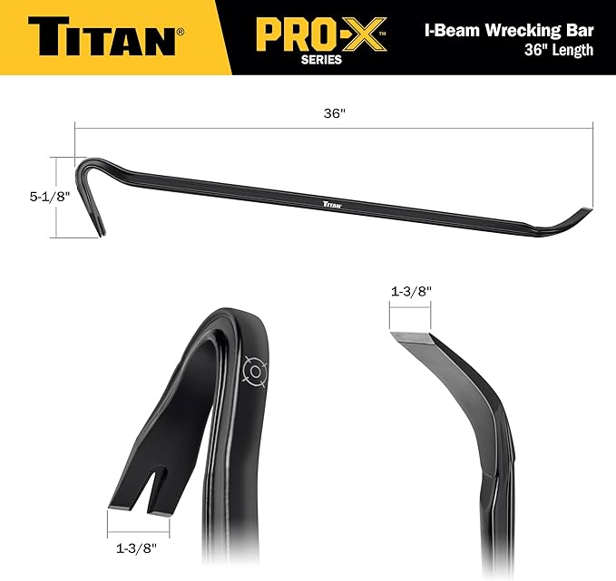 Titan Pro-X 63801 36-Inch I-Beam Wrecking Bar with Curved Gooseneck Design, Fully Hardened High Carbon Steel Construction, Angled Chisel End, Flat Striking Target