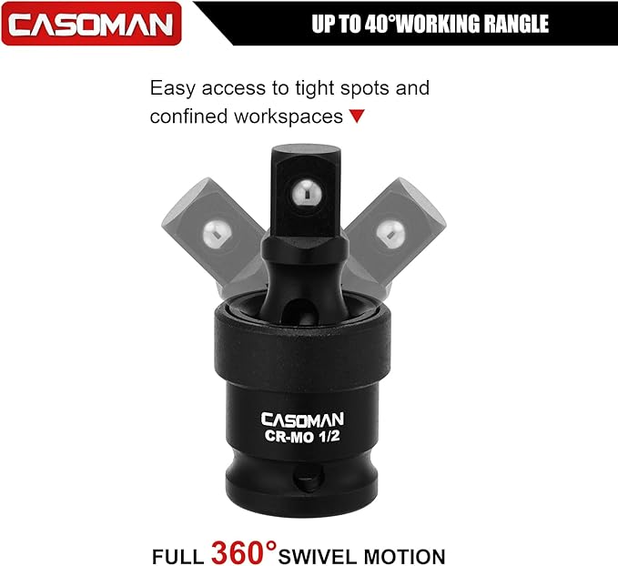 CASOMAN 25 PCS 1/2" Drive Deep Impact Socket Set with Case, 6 Point, 3/8" - 1-1/2", SAE, Include Extension Bars, Socket Adapter, Drill Adapter and Universal Joint