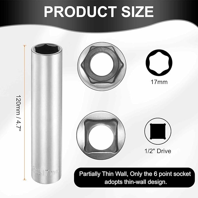 HARFINGTON 6 Points Deep Socket 1/2" Drive 17mm Deep Metric CR-V Steel Polished Nickel Plating Flip Sleeve 120mm / 4.7" Extra Long Socket Tool for Home Auto Nuts Bolts Repair