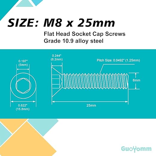 M8-1.25 x 25mm 20PCS Flat Head Hex Socket Cap Screws, Countersunk Bolts, 10.9 Grade Alloy Steel, Black Oxide Finish, Metric Allen Drive, Fully Threaded