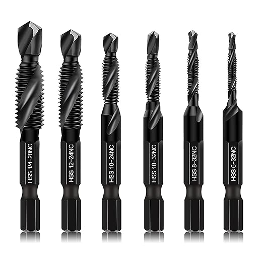 6 Packs Combination Drill & Taps Bit Set, Screw Tapping in SAE Size 6-32nc 8-32nc 10-32nc 10-24nc 12-24nc 1/4-20nc with Anti-Rust Black Coating, 1/4??Hex Shank and Storage Case