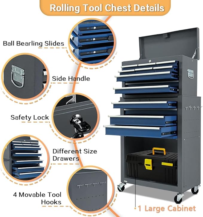 13-Drawer Tool Chest with Tool box and wheels, Large Detachable Toolbox with Sliding Drawers, Mechanic Tool Box Storage Cabinets, Metal Tool Cart for Garage Workshop (BLUE＆GREY)