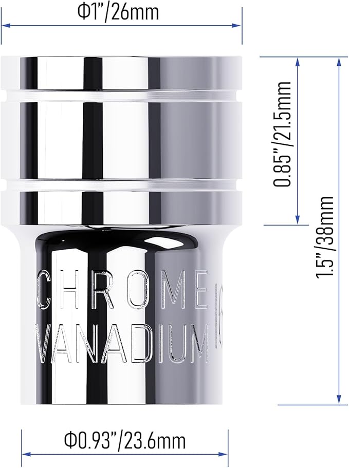 18mm Shallow Socket, 1/2 Inch Drive, 6-Point, Metric, Heat Treated CR-V Steel Short Sockets, Full Polishing, 1.5 Inch Length