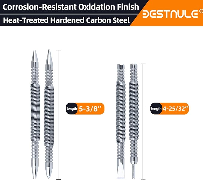 BESTNULE 4-Piece Nail Setter Dual Head Nail Set & Dual Head Center Punch & Hammerless Cold Chisel & Hinge Pin Remover Punch Set, Nail Setter Features 1/8-in, 3/32-in, 3/16-in, 1/16-in, 5/16-in, 1/8-in