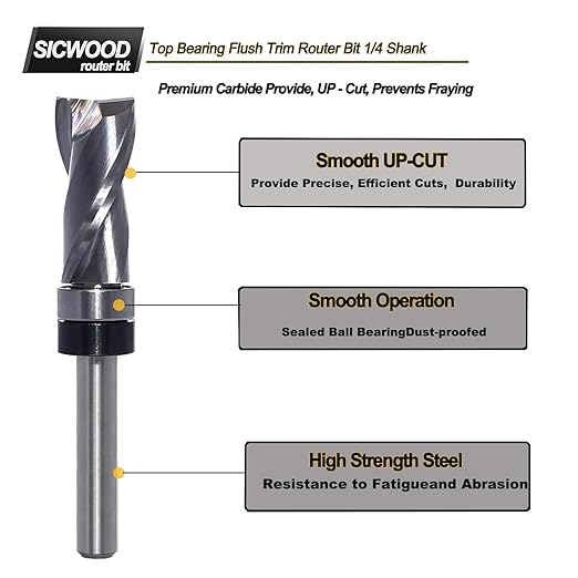 Up-Cut Top Bearing Flush Trim Router Bit 1/4 Shank - 1/2" Cutting Dia, 1-1/8" Cut Height, Carbide Spiral Pattern Template Flush Cut Router Bit, for Wood Trimming