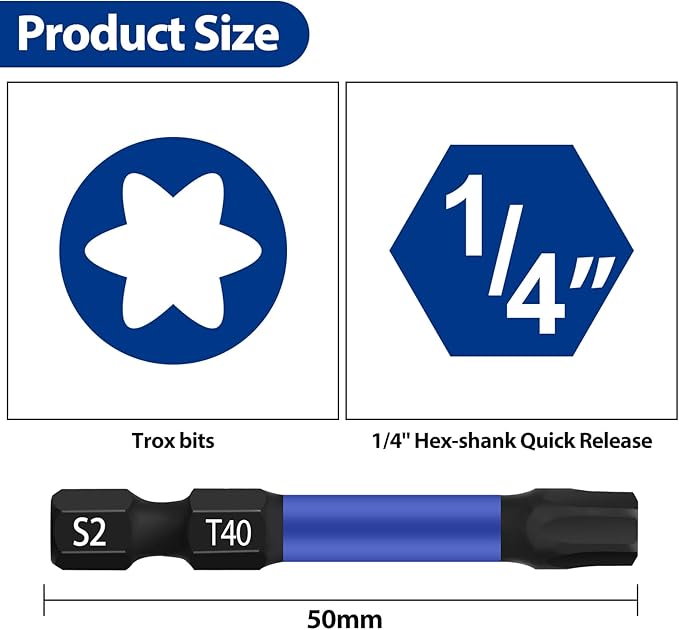 HPHOPE T40 Screwdriver Bit Set 10 Pcs, Torx Bits T40, 1/4" Hexagon Bit, Length: 50mm