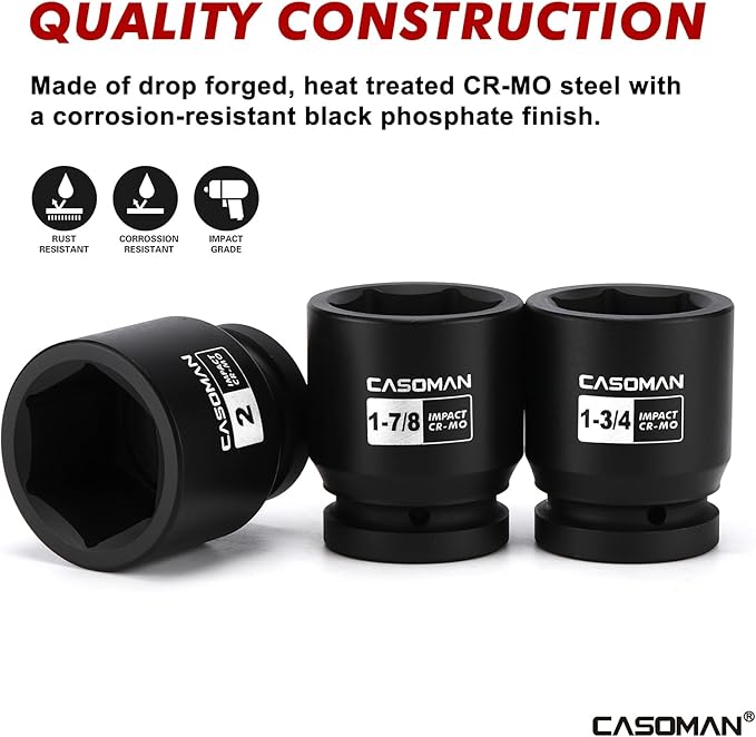 CASOMAN 21-Piece 1" Drive Jumbo Impact Socket Set, 6-Point, Shallow Large Socket Set, SAE (1-5/8" to 3-1/8"), Includes Extension Bars, Ratchet, CR-MO Steel