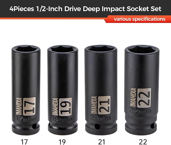 1/2" Drive Deep Large Impact Socket Set, 4-Piece Spindle Axle Nut Metric 6 Point Sockets Set, Metric Sizes(17,19,21,22mm),CO-MO Meterial