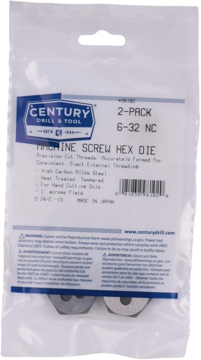 Century Drill & Tool, 98102, 6-32 NC, Hex Die, Precision Cut External Threads, High Carbon Alloy Steel