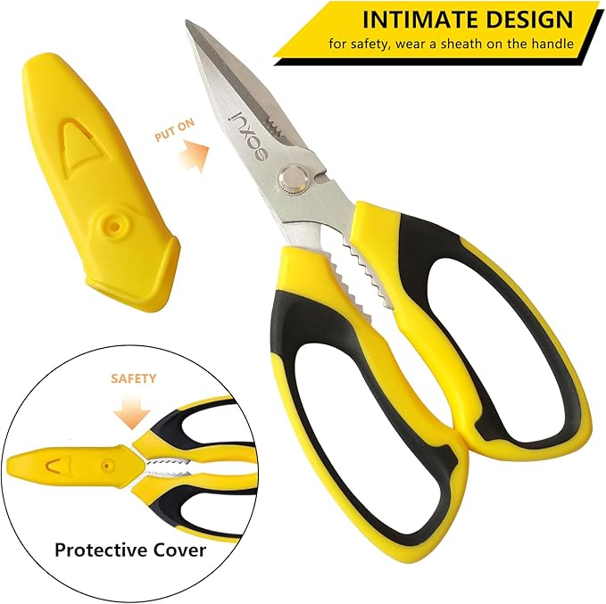 8-Inch Heavy Duty Scissors ??Ultra Sharp Stainless Steel Shears with Serrated Edge & Protective Cover, Ideal for Cardboard, Wire, Fabric & More (Yellow)