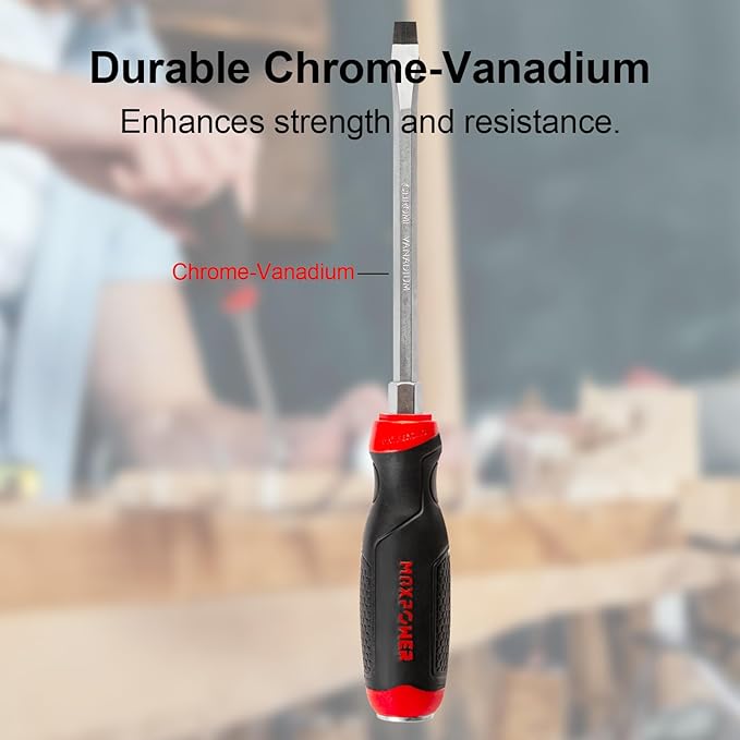 MAXPOWER Strike Cap Go Through Screwdriver Slotted 0.3 x 5.9 Inches, Cr-V Steel Flat-Head Magnetic Tip, Ergonomic Soft Grip TPR Handle