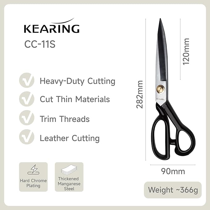 KEARING 11 Inch Heavy Duty Fabric Scissors, Professional Tailor Shears for Precision Cutting of Leather, Denim, and Multi-Layer Fabrics for Dressmaking, Sewing, Cutting - 0.83 lb - Right-Handed