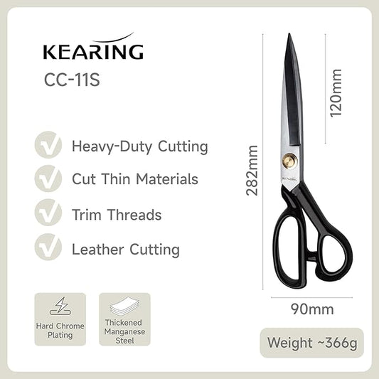 KEARING 11 Inch Heavy Duty Fabric Scissors, Professional Tailor Shears for Precision Cutting of Leather, Denim, and Multi-Layer Fabrics for Dressmaking, Sewing, Cutting - 0.83 lb - Right-Handed