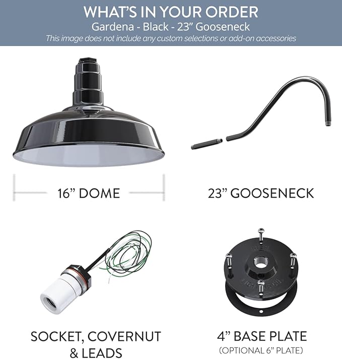 Steel Lighting Co. | Dusk to Dawn | Gardena Barn Light | Outdoor Wall Mounted | 16" Dome | 23" Gooseneck | Farmhouse Light Made in America | Black Exterior/White Interior
