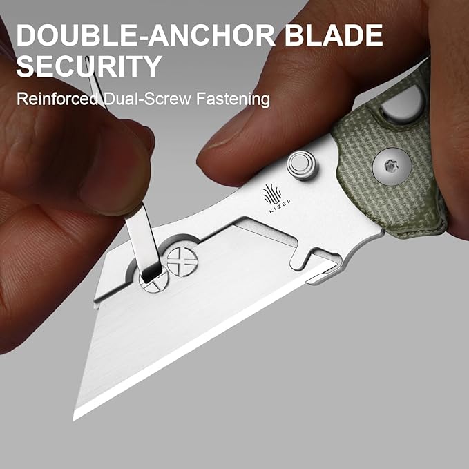 Kizer C01C Uti 1 (Dual-screw Version) Utility Knife, Button Liner Lock Box Cutter EDC Pocket Knife with 5PCS Razor Blades, Green Micarta Handle Small Folding Knives for Men Women, V3488.29JSM1