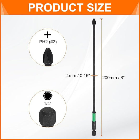 HARFINGTON 3pcs #2 Impact Phillips Screwdriver Bit PH2 1/4" Hex Shank 8" (200mm) Long 0.16" Rod Magnetic Cross Head Drill Bits S2 Steel Industrial Screw Driver for Impact Power Drivers