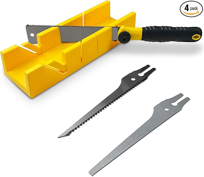 4-Piece Miter Box and Saw Set, 2.68 × 12-Inch Mitre Box with 3 Mitre Saws for Hardwood to Soft Metal Precise Miter and Bevel Cuts, Miter Box with Saw Included for Light-duty Tasks Only
