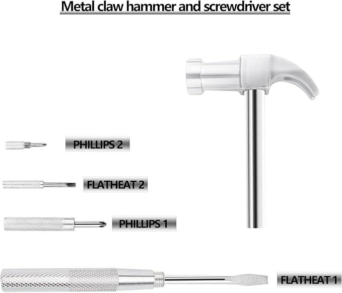 6-in-1 Multi-Purpose Hammer & Screwdriver Tool with Non-Slip Handle Slotted/Flat Head Phillips Screwdriver Mini Hammer for Opening Walnut, Home & Watchmaker Repair Tools (argent)