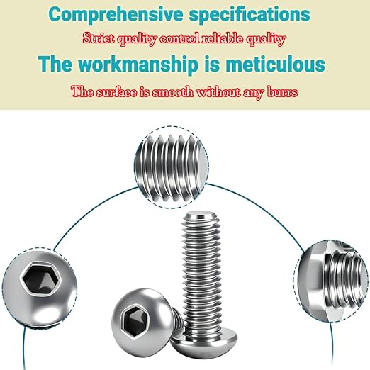 Metuja M5-0.8x16mm 50Pcs, Button Head Socket Cap Bolts Screws, Stainless Steel, Professional Set Screw, Clear and Complete Full Thread, Silver Bright Finish Furniture Bolt, Allen Hex Drive