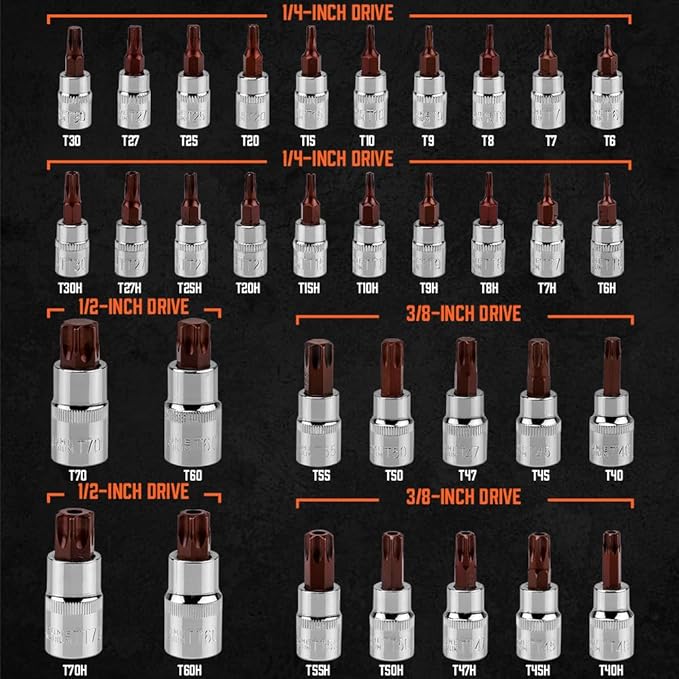 HORUSDY 34-Piece Master Torx Bit Socket Set, Premium S2 Alloy Steel, Solid & Tamper Proof Star Sockets T6-T70 (Tamper Proof from T10 to T70), Complete Kit with Heavy-Duty Storage Case