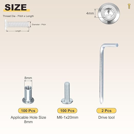 METALLIXITY Furniture Crib Screws Replacement Set with Wrench(M6-1x20mm) 200Pcs, Galvanization Connector Bolts M6 Screw Barrel Nuts Binding Screws, for Chair Cabinet Bed, Silver