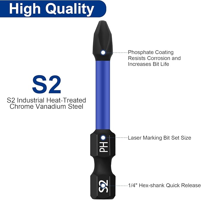 HPHOPE PH2 Screwdriver Bit Set 10Pcs, Phillips Bits PH2, 1/4" Hexagon Bit, Length: 50mm