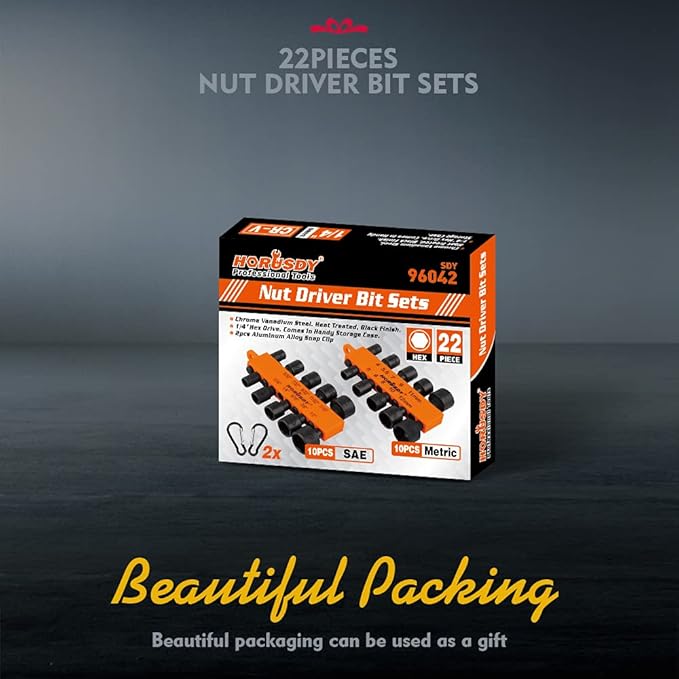 HORUSDY 22-Piece Power Nut Driver Set for Impact Drill, SAE and Metric, 1/4??Nut Driver Hex Keys, Hex Head Drill Bit Set
