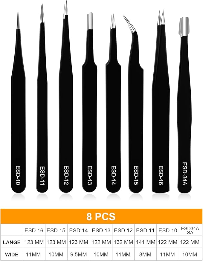 Ainiv Precision Tweezers Set, 8PCS Anti-Static ESD Tweezers, Non-Magnetic Stainless Steel Curved Tweezers Set for Modeling, Electronic Repair, Handicraft, Laboratory, Jewelry Manufacturing, Hobby etc
