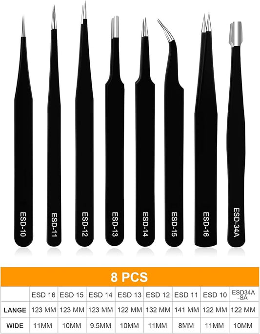 Ainiv Precision Tweezers Set, 8PCS Anti-Static ESD Tweezers, Non-Magnetic Stainless Steel Curved Tweezers Set for Modeling, Electronic Repair, Handicraft, Laboratory, Jewelry Manufacturing, Hobby etc