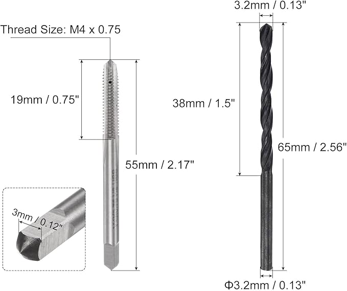 uxcell Metric Tap and Drill Bit Set, M4 x 0.75 Thread Tap & 3.2mm Black Oxide Twist Drill Bit, Straight Flute Tap Tapping Threading Repair Tool Kit