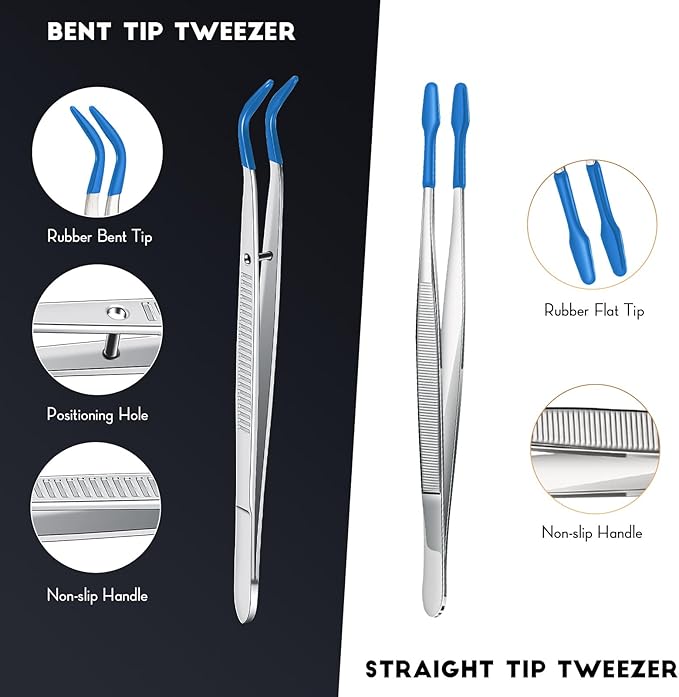 2 Piece Tweezers with Rubber Tips Set - Bent and Straight Flat Tips Tweezers PVC Coated for Stamp Coins Jewelry Crafts, Electronics(Silver, Blue)