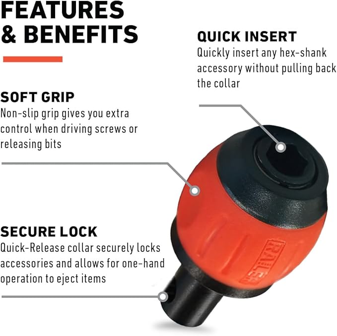 Bit Holder Key Chain Screwdrivers - Railer Heavy Duty 1/4" Hex Soft Ball Grip Bit Holders & Secure Keychain Carabiner. HVAC Tools w/Quick Release For Nut Drivers, Impact Driver & Drill Bits