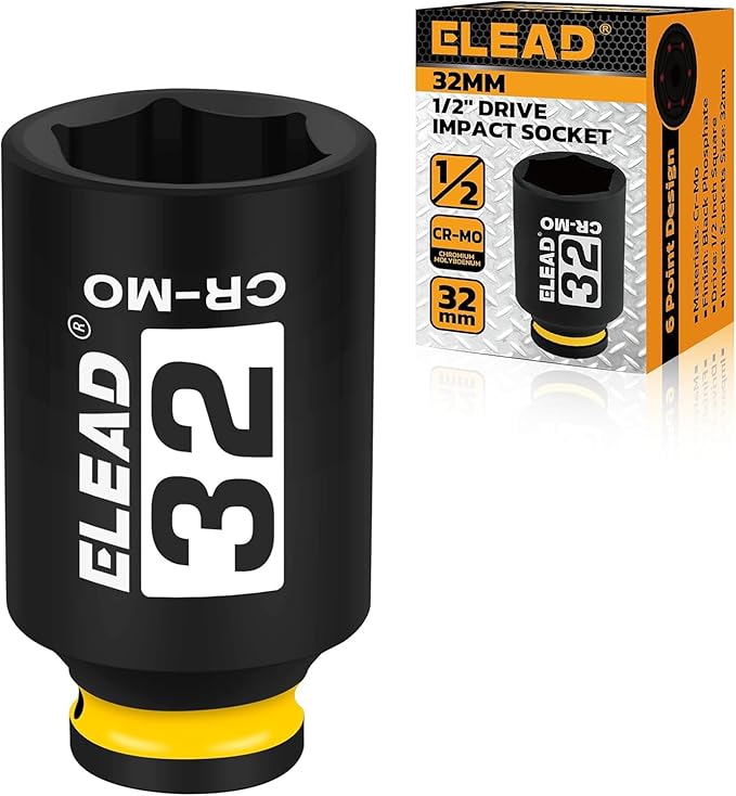 ELEAD 1/2" Drive Deep Impact Socket, 32 mm Metric 6 Point 1/2-inch Drive Impact Axle Nut Sockets, CR-MO Nut Socket Set, Oil Filter Sockets, Tools for Easy Removal of Axle Shaft Nuts