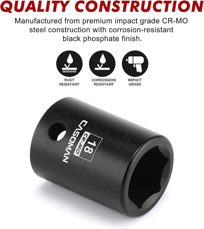 CASOMAN 1/2" Drive x 18mm Impact Socket, 6-Point, Metric, CR-MO