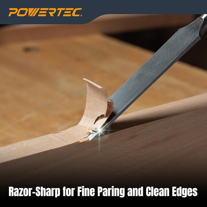 POWERTEC Wood Chisel 3 Piece Set - 1", 3/4" & 1/2" Bevel-Edge Bench Chisels with Strike Cap, Drop Forged Chrome Vanadium Steel Blades for Woodworking, Joinery, Mortising, Paring and Trimming (72136)