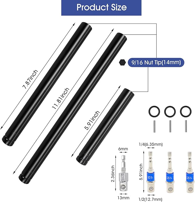 3 Pcs 9/16"(14mm) Power Nut Driver 6'' 8'' & 12'' Length, Nut Runner Hollow Socket with 3 Pcs 1/4" Hex Shank and 360째 Rotatable 1/4" Hex Shank, Fit Long Bolts and Ductwork