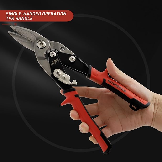 10 Inch Tin Snips, Right Cut Offset Aviation Snips, Heavy Duty CR-MO Metal Cutter with Double Lever, Scale Markings & Safety Lock, Tinner Shears Scissors for Cutting Metal Sheet