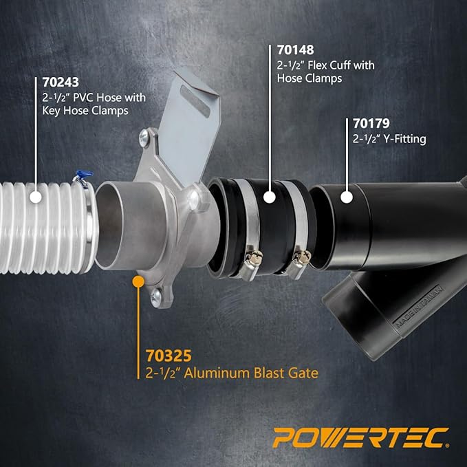 POWERTEC 70325-P2 Blast Gate 2-1/2 Inch, w/Anti Clog and Air Leak Seal for Dust Collection, 2 PK