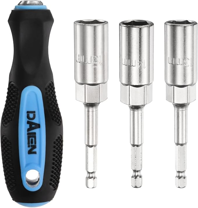 HARFINGTON Metric Nut Driver 13mm/14mm/15mm CR-V Non-Magnetic Detachable Tip Hollow Shafts Hex Socket Screwdriver with Anti-Slip Handle for Automobile Repair Bit Driver, Blue/Black