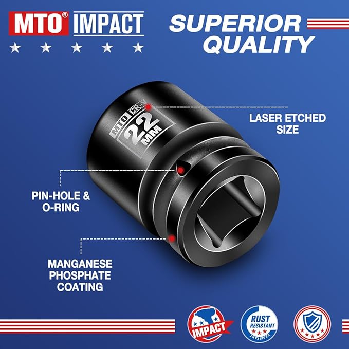 MTO 1/2" Drive 22mm Shallow Impact Socket, 6-Point Metric Socket for Automotive Maintaince, CR-V Steel Meets ANSI Standards