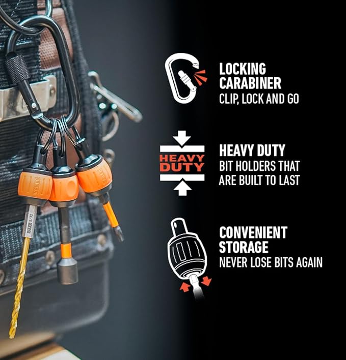 Bit Holder Key Chain Screwdrivers - Railer Heavy Duty 1/4" Hex Soft Ball Grip Bit Holders & Secure Keychain Carabiner. HVAC Tools w/Quick Release For Nut Drivers, Impact Driver & Drill Bits