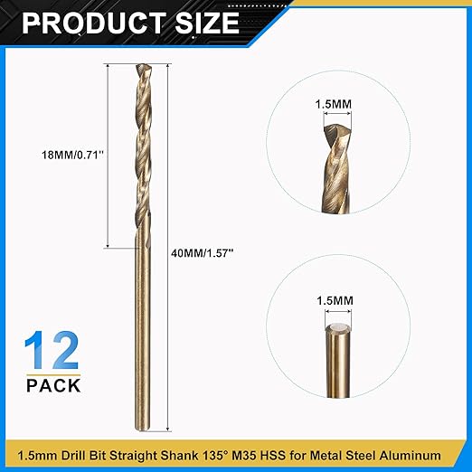 PATIKIL 1.5mm Drill Bit, Jobber Straight Shank M35 Cobalt 5% High-Speed Steel 135째 Gold Finish for Stainless Steel Hard Metal - 12 Pack