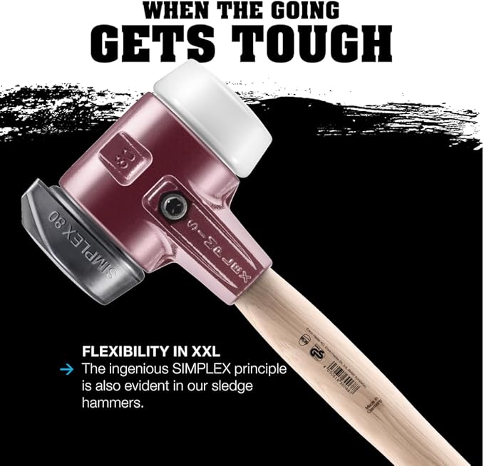Halder Simplex SledgeHammer 3028.261 - Medium-Hard "Stand-Up" Rubber Insert, Nylon Insert, Cast Iron Housing with Handle Protection Sleeve, Varnished Wooden Handle, 60mm, 4.2 lbs.