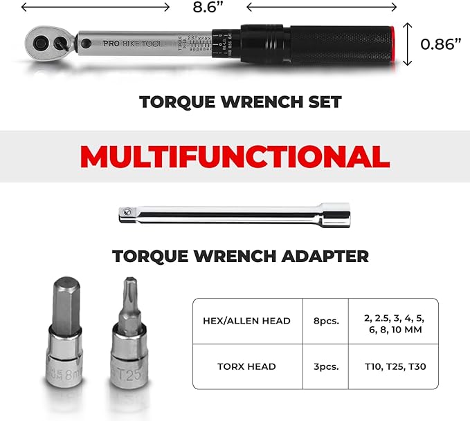 PRO BIKE TOOL Torque Wrench and Torque Screwdriver Set - Precision Tool for Bike Maintenance - 1/4 Inch Drive - 2.2 to 16.9 Nm - Complete Kit with Allen, Torx, Extension - with Protective Case