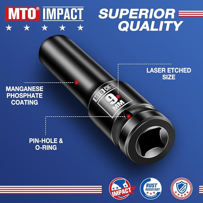MTO 1/2" Drive 9mm Deep Impact Socket, 6-Point Metric Socket for Automotive Maintaince, CR-V Steel Meets ANSI Standards