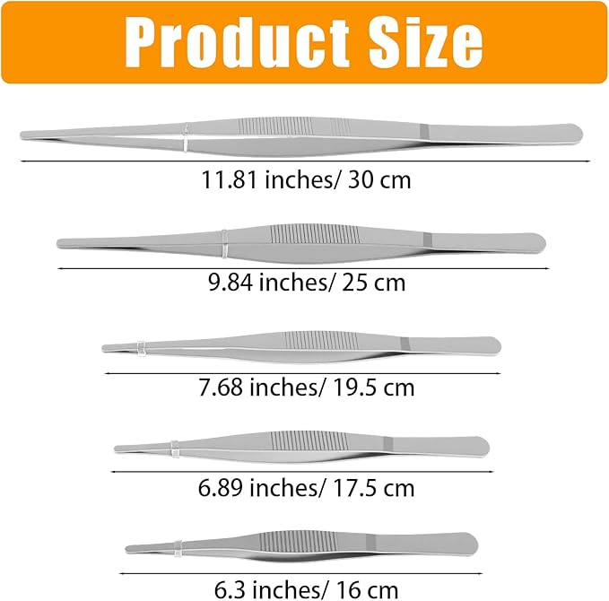 5 Pcs Stainless Steel Tweezers, Long Cooking Tweezers for Crafts with Precision Serrated Straight Tips, Non-slip Kitchen Tweezer for Crafting Baking Tank Aquarium Terrarium (16/17.5/19.5/25/30cm)